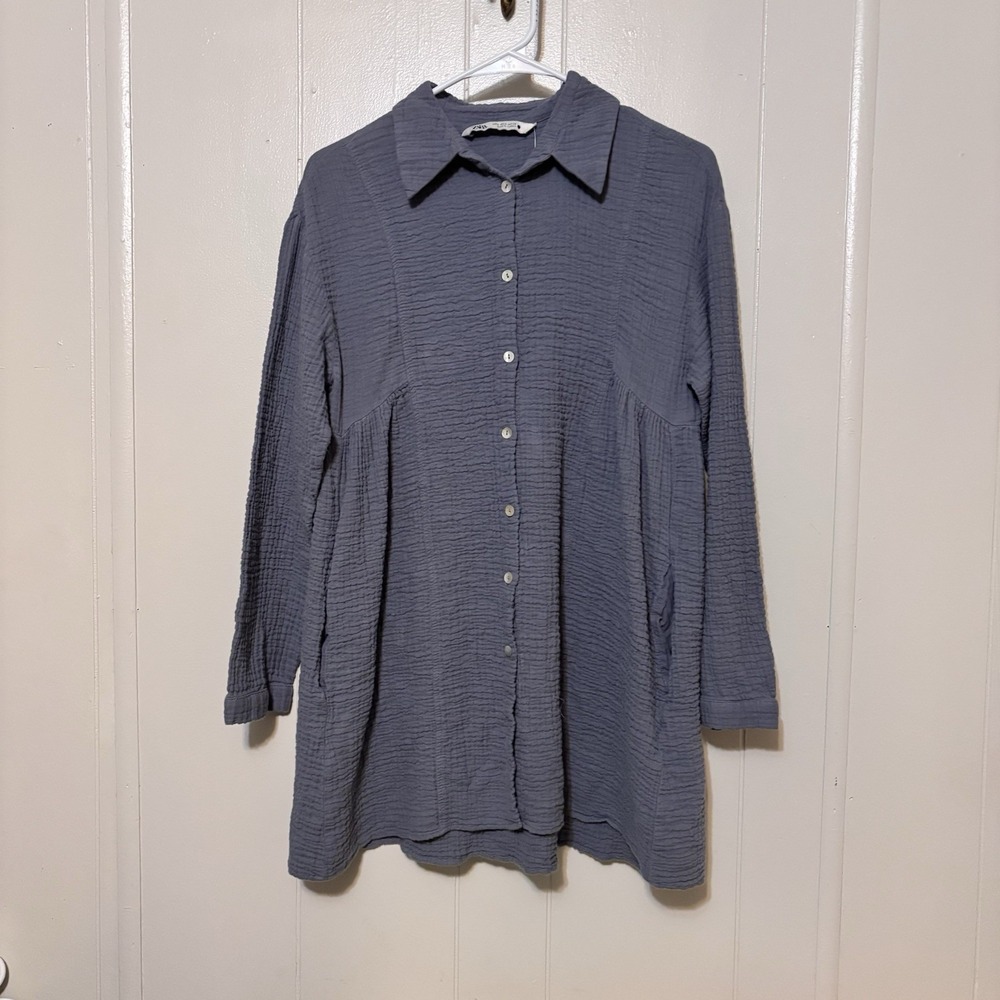 Zara Women's Cotton Gauze Dress Long Sleeve Collared Small Gray Blue Pockets